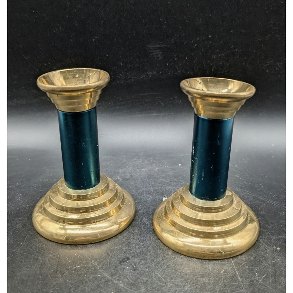 Vintage Brass Candlestick Holders Set of 2 Teal Blue Enamel Gold Tone 3"